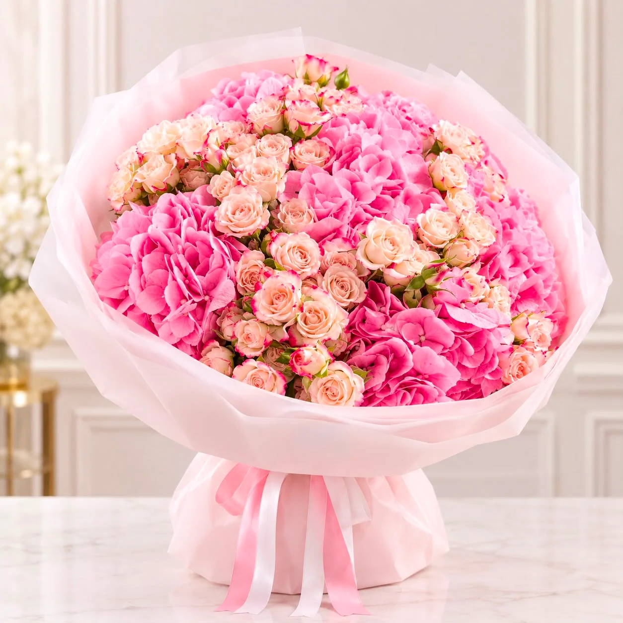 Women’s Day blush hydrangea bouquet with pink hydrangeas and light pink spray roses for elegant UAE gifting